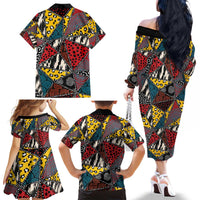 Wild Animal Skins Family Matching Off The Shoulder Long Sleeve Dress and Hawaiian Shirt Triangles Pattern Afro Pattern Style - Wonder Print Shop