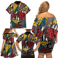 Wild Animal Skins Family Matching Off Shoulder Short Dress and Hawaiian Shirt Triangles Pattern Afro Pattern Style - Wonder Print Shop