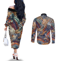 Wild Animal Skins Couples Matching Off The Shoulder Long Sleeve Dress and Long Sleeve Button Shirt Unique Leopard Zebra And Snake Patterns - Wonder Print Shop