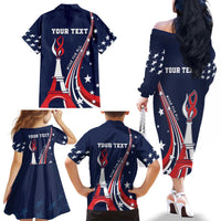 Personalized USA One For All Family Matching Off The Shoulder Long Sleeve Dress and Hawaiian Shirt Go Paris 2024 - Wonder Print Shop