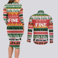 Merry Cat-Mas Couples Matching Long Sleeve Bodycon Dress and Long Sleeve Button Shirt Christmas It's Fine I'm Fine Everything is Fine LT9 - Wonder Print Shop