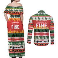 Merry Cat-Mas Couples Matching Off Shoulder Maxi Dress and Long Sleeve Button Shirt Christmas It's Fine I'm Fine Everything is Fine LT9 - Wonder Print Shop