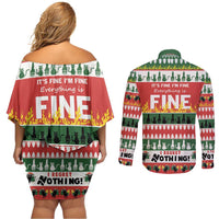 Merry Cat-Mas Couples Matching Off Shoulder Short Dress and Long Sleeve Button Shirt Christmas It's Fine I'm Fine Everything is Fine LT9 - Wonder Print Shop