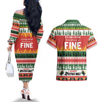 Merry Cat-Mas Couples Matching Off The Shoulder Long Sleeve Dress and Hawaiian Shirt Christmas It's Fine I'm Fine Everything is Fine LT9 - Wonder Print Shop