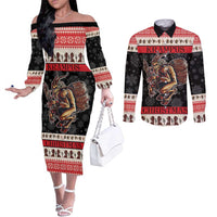 Krampus The Christmas Devil Couples Matching Off The Shoulder Long Sleeve Dress and Long Sleeve Button Shirt