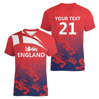 England Cricket Custom Women V-Neck T-Shirt Three Lions With Flag - Wonder Print Shop