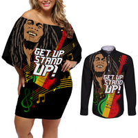 Legend Bob Get Up Stand Up Couples Matching Off Shoulder Short Dress and Long Sleeve Button Shirt Reggae Multicolored LT9 - Wonder Print Shop