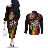 Bob Marley Get Up Stand Up Couples Matching Off The Shoulder Long Sleeve Dress and Long Sleeve Button Shirt Reggae Multicolored