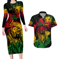Rastafarian Lion Legend Bob Couples Matching Long Sleeve Bodycon Dress and Hawaiian Shirt Reggae Festival Sketch Portrait LT9 - Wonder Print Shop