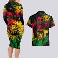 Rastafarian Lion Legend Bob Couples Matching Long Sleeve Bodycon Dress and Hawaiian Shirt Reggae Festival Sketch Portrait LT9 - Wonder Print Shop