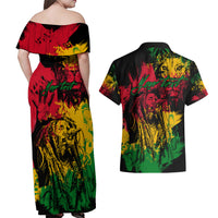 Rastafarian Lion Legend Bob Couples Matching Off Shoulder Maxi Dress and Hawaiian Shirt Reggae Festival Sketch Portrait LT9 - Wonder Print Shop