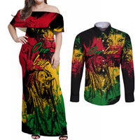 Rastafarian Lion Legend Bob Couples Matching Off Shoulder Maxi Dress and Long Sleeve Button Shirt Reggae Festival Sketch Portrait LT9 - Wonder Print Shop