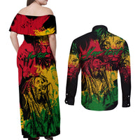 Rastafarian Lion Legend Bob Couples Matching Off Shoulder Maxi Dress and Long Sleeve Button Shirt Reggae Festival Sketch Portrait LT9 - Wonder Print Shop
