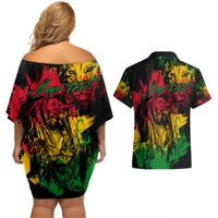 Rastafarian Lion Legend Bob Couples Matching Off Shoulder Short Dress and Hawaiian Shirt Reggae Festival Sketch Portrait LT9 - Wonder Print Shop