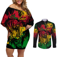Rastafarian Lion Legend Bob Couples Matching Off Shoulder Short Dress and Long Sleeve Button Shirt Reggae Festival Sketch Portrait LT9 - Wonder Print Shop