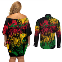 Rastafarian Lion Legend Bob Couples Matching Off Shoulder Short Dress and Long Sleeve Button Shirt Reggae Festival Sketch Portrait LT9 - Wonder Print Shop