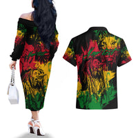 Rastafarian Lion Legend Bob Couples Matching Off The Shoulder Long Sleeve Dress and Hawaiian Shirt Reggae Festival Sketch Portrait LT9 - Wonder Print Shop