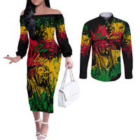 Rastafarian Lion Bob Marley Couples Matching Off The Shoulder Long Sleeve Dress and Long Sleeve Button Shirt Reggae Festival Sketch Portrait
