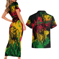 Rastafarian Lion Legend Bob Couples Matching Short Sleeve Bodycon Dress and Hawaiian Shirt Reggae Festival Sketch Portrait LT9 - Wonder Print Shop
