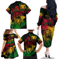 Rastafarian Lion Legend Bob Family Matching Off Shoulder Long Sleeve Dress and Hawaiian Shirt Reggae Festival Sketch Portrait - Wonder Print Shop