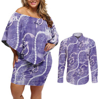 Japanese Koi Fish Couples Matching Off Shoulder Short Dress and Long Sleeve Button Shirt Purple Wagara Palaka Honohono Pikake Lei