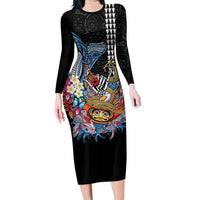 Personalized Japanese Koi Fish Ramen Family Matching Long Sleeve Bodycon Dress and Hawaiian Shirt Aloha Shark Kakau Pattern