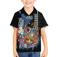 Personalized Japanese Koi Fish Ramen Family Matching Off Shoulder Short Dress and Hawaiian Shirt Aloha Shark Kakau Pattern