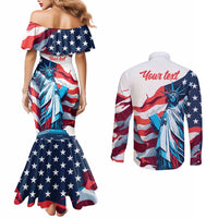 Personalized United States Independence Day Couples Matching Mermaid Dress and Long Sleeve Button Shirt Statue of Liberty Happy 4th Of July