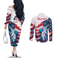 Personalized United States Independence Day Couples Matching Off The Shoulder Long Sleeve Dress and Long Sleeve Button Shirt Statue of Liberty Happy 4th Of July