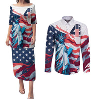 Personalized United States Independence Day Couples Matching Puletasi and Long Sleeve Button Shirt Statue of Liberty Happy 4th Of July LT9 - Wonder Print Shop