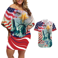 Personalized 4th of July USA Statue of Liberty Couples Matching Off Shoulder Short Dress and Hawaiian Shirt Happy Independence Day LT9 - Wonder Print Shop