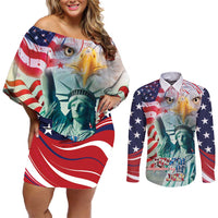 Personalized 4th of July USA Statue of Liberty Couples Matching Off Shoulder Short Dress and Long Sleeve Button Shirt Happy Independence Day LT9 - Wonder Print Shop