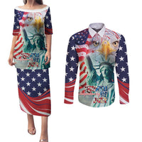Personalized 4th of July USA Statue of Liberty Couples Matching Puletasi and Long Sleeve Button Shirt Happy Independence Day LT9 - Wonder Print Shop