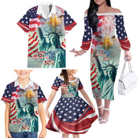 Personalized 4th of July USA Statue of Liberty Family Matching Off The Shoulder Long Sleeve Dress and Hawaiian Shirt Happy Independence Day - Wonder Print Shop