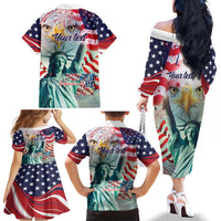 Personalized 4th of July USA Statue of Liberty Family Matching Off The Shoulder Long Sleeve Dress and Hawaiian Shirt Happy Independence Day - Wonder Print Shop