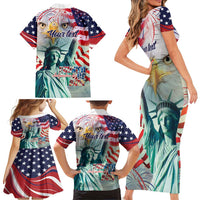 Personalized 4th of July USA Statue of Liberty Family Matching Short Sleeve Bodycon Dress and Hawaiian Shirt Happy Independence Day - Wonder Print Shop
