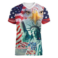 Personalized 4th of July USA Statue of Liberty Women V-Neck T-Shirt Happy Independence Day - Wonder Print Shop