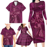 Ireland Rugby Family Matching Long Sleeve Bodycon Dress and Hawaiian Shirt Maroon Celtic Knot Summer Paris 2024 LT9 - Wonder Print Shop