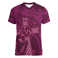 Ireland Rugby Women V-Neck T-Shirt Maroon Celtic Knot Summer Paris 2024 - Wonder Print Shop