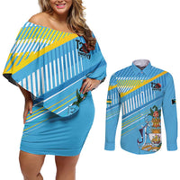 The Bahamas Cricket Custom Couples Matching Off Shoulder Short Dress and Long Sleeve Button Shirt Marlin Flamingo Come On Bahamian - Wonder Print Shop