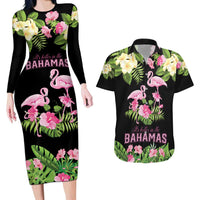 The Bahamas Flamingo Couples Matching Long Sleeve Bodycon Dress and Hawaiian Shirt Bahamian Tropical Flowers - Wonder Print Shop