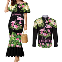 The Bahamas Flamingo Couples Matching Mermaid Dress and Long Sleeve Button Shirt Bahamian Tropical Flowers - Wonder Print Shop