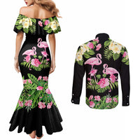 The Bahamas Flamingo Couples Matching Mermaid Dress and Long Sleeve Button Shirt Bahamian Tropical Flowers - Wonder Print Shop