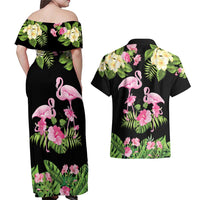 The Bahamas Flamingo Couples Matching Off Shoulder Maxi Dress and Hawaiian Shirt Bahamian Tropical Flowers - Wonder Print Shop