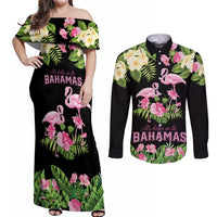 The Bahamas Flamingo Couples Matching Off Shoulder Maxi Dress and Long Sleeve Button Shirt Bahamian Tropical Flowers - Wonder Print Shop