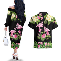 The Bahamas Flamingo Couples Matching Off The Shoulder Long Sleeve Dress and Hawaiian Shirt Bahamian Tropical Flowers - Wonder Print Shop