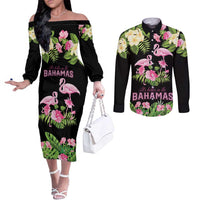 The Bahamas Flamingo Couples Matching Off The Shoulder Long Sleeve Dress and Long Sleeve Button Shirt Bahamian Tropical Flowers - Wonder Print Shop