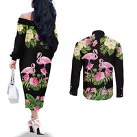 The Bahamas Flamingo Couples Matching Off The Shoulder Long Sleeve Dress and Long Sleeve Button Shirt Bahamian Tropical Flowers - Wonder Print Shop