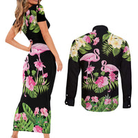 The Bahamas Flamingo Couples Matching Short Sleeve Bodycon Dress and Long Sleeve Button Shirt Bahamian Tropical Flowers - Wonder Print Shop