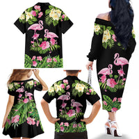 The Bahamas Flamingo Family Matching Off The Shoulder Long Sleeve Dress and Hawaiian Shirt Bahamian Tropical Flowers - Wonder Print Shop